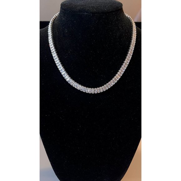 Diamond Tennis Necklace, CZ Tennis Necklace Choker, Baguette Tennis Necklace - Picture 6 of 9